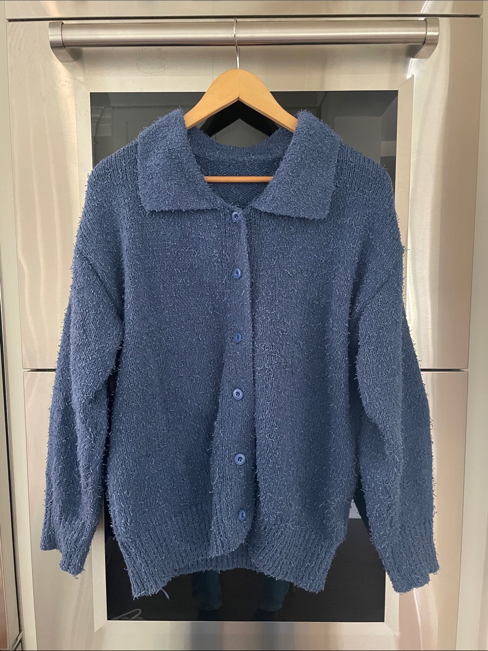 Men's Blue Fuzzy Button-Up Cardigan Sweater